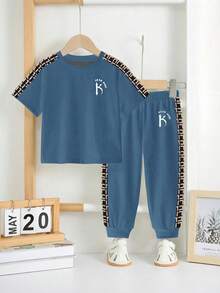 SHEIN 男童休闲宽松舒适运动风圆领短袖上衣+裤子两件套，秋季新品 - 彩色 - 查看 2