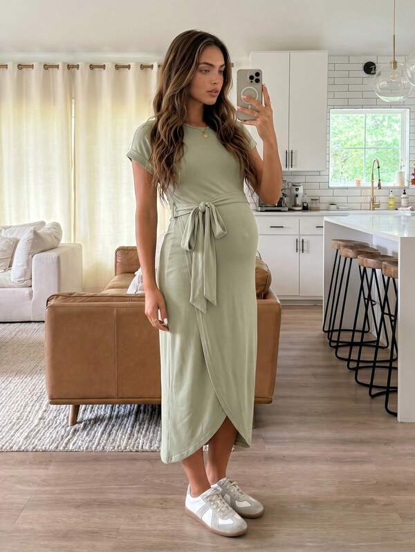 SHEIN Maternity Summer Casual Solid Color Wrap Dress Lingerie Set Underwear Women Pajama Loungewear Nightgown Robe Sleepwear Tank Top With Bra