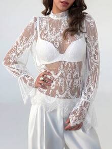 RiviMae Áo kiểu ren tay loe gợi cảm dành cho nữ, áo crop top hở lưng sành điệu cho kỳ nghỉ biển và tiệc tùng. - trắng - Xem 7