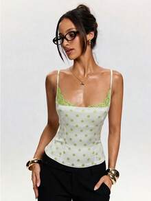 SHEIN BAE Áo camisole nữ phối ren chấm bi, kiểu dáng thường ngày, đa năng, thích hợp cho buổi hẹn hò hoặc buổi tối. - màu xanh lá - Xem 8