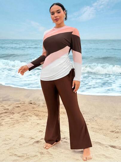 Swim Shayni Bộ tankini cỡ lớn kiểu dáng thường ngày gồm áo dài tay có dây rút và quần màu trơn, kiểu dáng tankini.