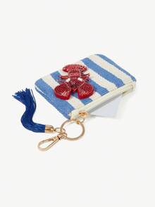 Viva Strut 1pc Fashionable, Simple, Personalized And Fun, Spring And Summer Vacation Style, Blue And White Stripes, Handmade Red Lobster Beads, Fringed Keychain, Change Bag, Spring And Summer Vacation Beach Seaside, Best Gift Giving - Blue and White - View 2