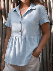 Wandoria Camisa casual de mujer de unicolor, de manga corta, con botones y media cartera - Azul - Ver 4