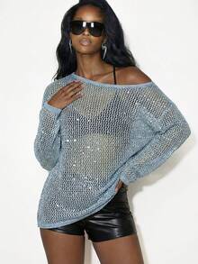 Femmeiva Hollow-Out Sequin Fashionable Pullover Sweater For Women - Baby Blue - View 5