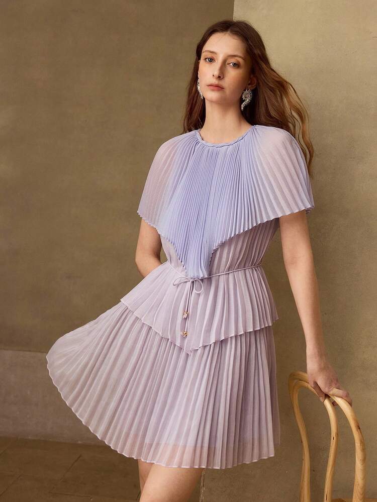 WOMEN'S SOLID PLEATED LAYERED SHORT DRESS, SPRING/SUMMER