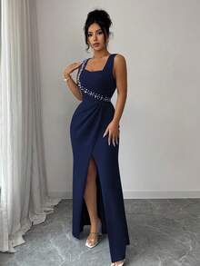 xheSHEIN Elenzya Vestido elegante y romántico para damas, con cuello cuadrado sin mangas, decoración de perlas en la cintura, plisado, abertura, ajustado, ligero, para fiesta y cóctel, con bajo de cola de sirenaxhe - Azul marino - Ver 3