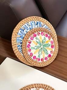 Cirelle 1pc Rattan And Mother Of Pearl Coasters, Woven Coaster Set With Shell Mosaic, Boho Heat Resistant Trivets, Decorative Round Hot Pads For Dining Table - Multicolor - View 6