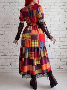 Whyspr Plus Size Vintage Plaid & Floral Print Contrast Lace Vacation Dress, Spring/Summer - Multicolor - View 2