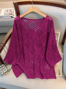 GlowEve CURVE Plus Size Women Hollow Out 3/4 Sleeve Knitted Sweater - Purple - View 5