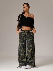 SHEIN PETITE Jeans con cordón y estampado de camuflaje para mujer - Azul - Ver 5