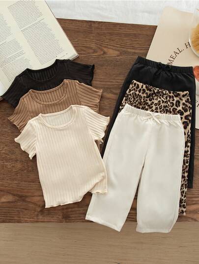 6pcs Baby Girls' Casual Solid Color Short Sleeve Top And Pants Set, Summer