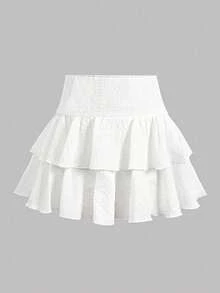 SHEIN Girlism Teen Girls Casual Vacation White Textured Built-In Leggings Double Ruffle Hem Cake Skirt Mini Skirt - White - View 7