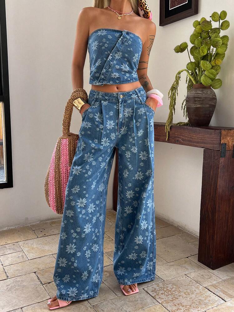 Women's Casual Floral Print Sleeveless Crop Top And Straight Leg Jeans Set, Spring/Summer