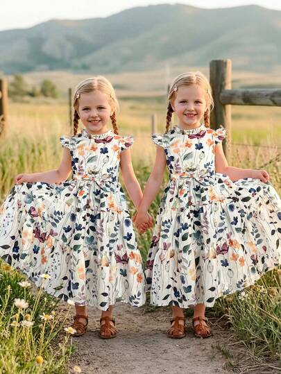 Emery Rose Kids 女童雪纺碎花荷叶边无袖连衣裙，立领，适合返校季穿着；母女装爱心印花T恤；少女白色上衣；可爱童装长袖衬衫；情人节