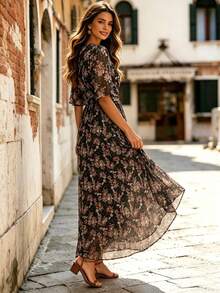 EMERY ROSE Đầm voan hoa nhí thanh lịch cổ chữ V sâu, thắt eo, chất liệu chiffon, thích hợp cho mùa xuân/hè. - màu đen - Xem 2