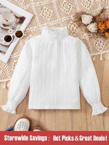 SHEIN Chica Joven Blusa ribete fruncido de manga con volante de cuello alto - Blanco - Ver 1