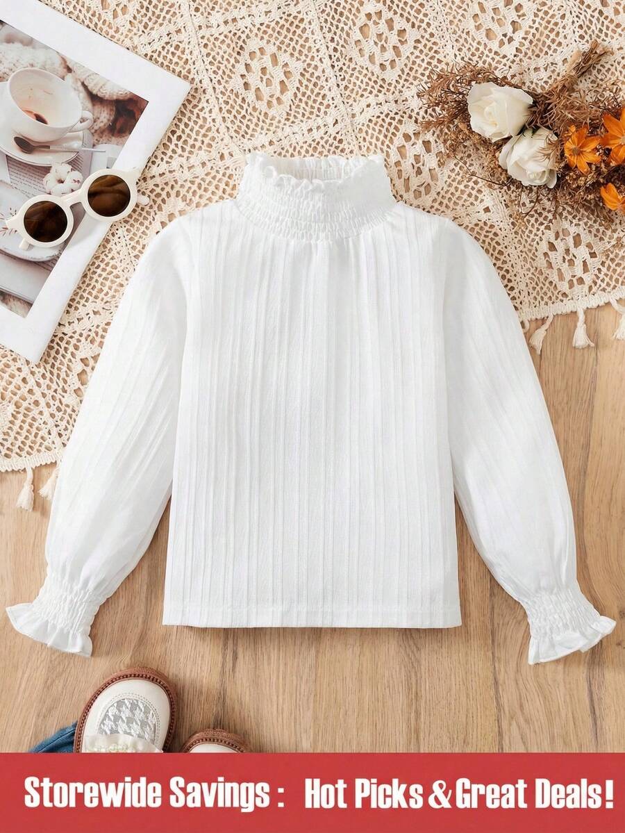 SHEIN Chica Joven Blusa ribete fruncido de manga con volante de cuello alto - Blanco - Ver 1