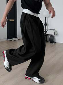 DAZY Long Black Loose Elastic Waist Men's Pants With Label Design - Black - View 7