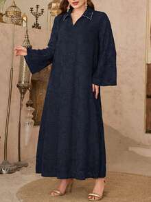 Modelyn Áo sơ mi dài tay dáng rộng, thanh lịch, sang trọng, cổ áo bằng vải jacquard có họa tiết, đính đá lấp lánh. - Xanh đậm - Xem 3