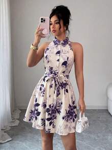 SHEIN Elenzya Abito elegante e romantico da donna con stampa floreale, vita aderente e gonna ampia senza maniche - Multicolore - Visualizzare 8
