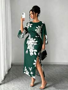 Elenzga Đầm maxi cỡ lớn dành cho nữ, thanh lịch, tối giản, thích hợp mặc đi làm hàng ngày, hẹn hò, dự tiệc, gợi cảm, xẻ tà ở cổ tay, ôm sát, màu mơ, họa tiết hoa đen. - Màu xanh lá cây đậm - Xem 4