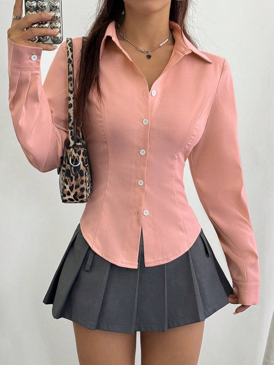 Flirla 女士休闲纯色简约纽扣衬衫 - 珊瑚粉 - 查看 1