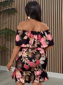 Villa Velisse Plus Size Women's Floral Print Off-Shoulder Dress, Romantic & Fashionable For Dates, Everyday Wear, And Commuting, Spring/Summer - Multicolor - View 2