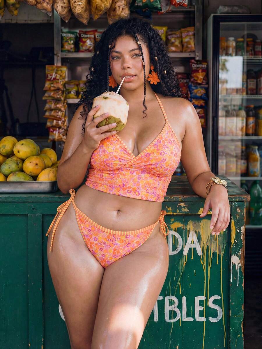 Swim Mod Plus Size Orange Ditsy Floral Bikini 2 Pieces Swimwear Set With Tie - Multicolor - View 1