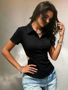 INAWLY Women's Fashionable Solid Color Cropped Top For Summer Night Going Out Black Casual Streetwear - Black - View 5