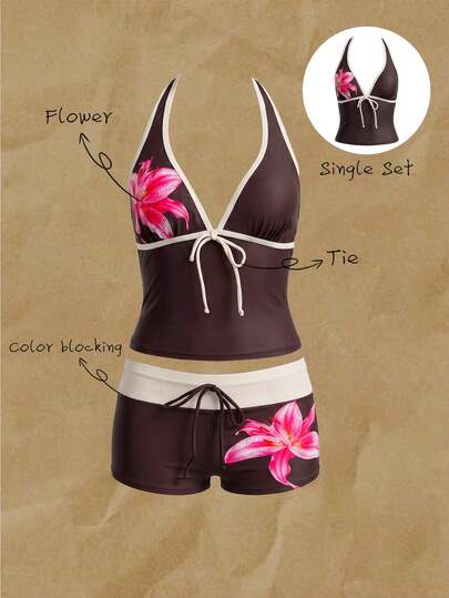 Elavelle 女士春夏蝴蝶结细肩带印花比基尼上衣