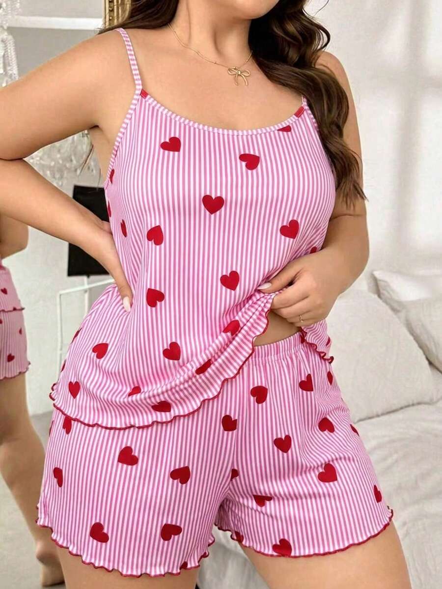 SHEIN 加大码爱心条纹印花吊带背心和短裤睡衣套装 - 彩色 - 查看 1