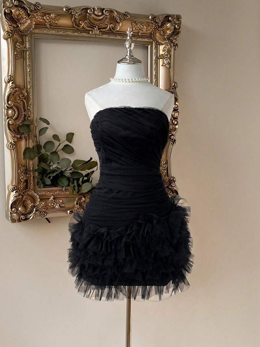 Lovelzi Elegant & Luxurious Black Mesh Handmade Ruffle Decor Bustier Bubble Hem Bodycon Mini Party Dress - Black - View 1
