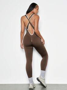 Voyena 1 Stück feuchtigkeitsableitende Basic Frauen Große Größen Sport Kontrast Saum Tiefer V-Ausschnitt Jumpsuit / A-2015 nahtloser Jumpsuit Hose, geeignet für Fitness/Yoga (Braun) - Braun - Übersicht 3