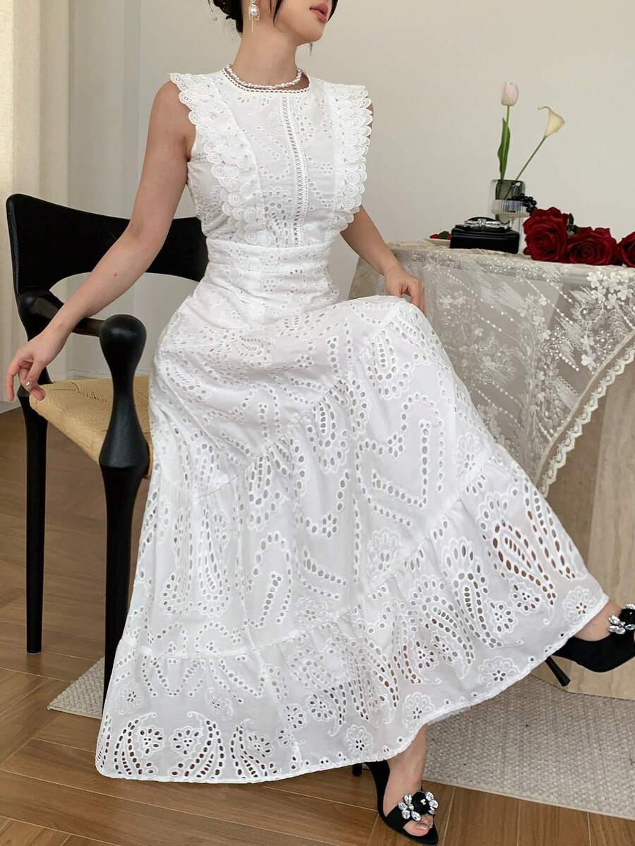 Elegant Lace White Long Dress, Casual & Suitable For Holidays, Spring/Summer - White - View 1