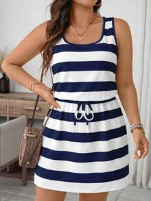 SHEIN LUNE Navy Style Blue Striped Casual Minimalist Plus Size Dress - Multicolor - View 4