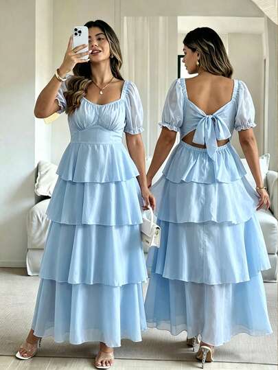 Vionelle Plus Size Elegant Vacation Square Neck Bow Backless Layered Ruffle Petal Sleeve Dress
