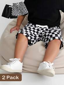 SHEIN 2件套幼儿男童休闲黑白格子短裤，夏季 - 黑與白 - 查看 5