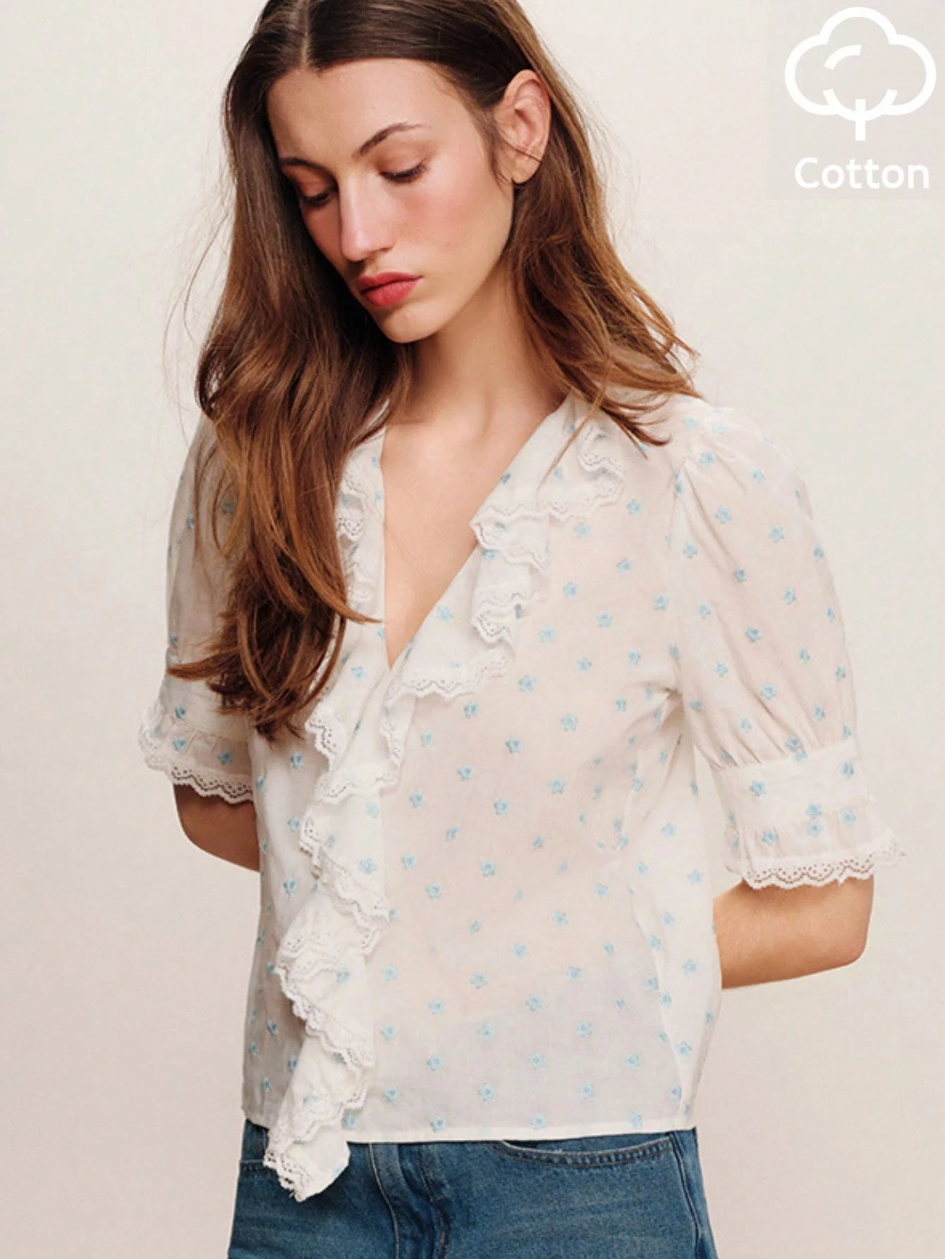 White Floral Plumetti Blouse With Ruffled Neckline Spring Summer French Style Parisian Style Vintage Cotton Top White Cotton Top White Flower Top Cute Top Office Outfit Blouse For Women Casual Blouse Women Ruffle Top Women Short Sleeve Blouse Floral Print Top