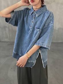 Blusa vaquera de mujer con bolsillo, hombros caídos y botones a media abertura, suelta para el verano - Azul - Ver 9