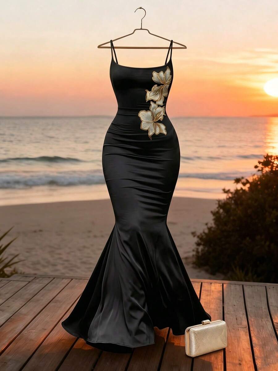 SHEIN Franclia Ins Blogger Favorite Summer French Y2K Sexy Knit Cami Slip Dress, Heavy Embroidery Waist-Cinched Slimming Mermaid Maxi Dress, Fashion Versatile Date Office Elegant Casual Wear Long Dresses Bodycon Latest Dress Fitted Long Dress Prom Dresses For Ladies Luxury Dresses For Women Elegant Mermaid Dress Floral Embroidered Dress - Black - View 1