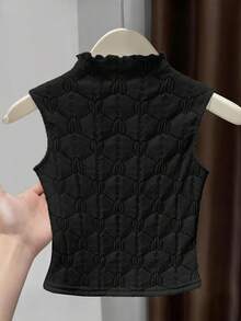 Franclia Áo vest cổ đứng dệt kim co giãn, hơi xuyên thấu, màu trơn, chất liệu jacquard. - màu đen - Xem 2