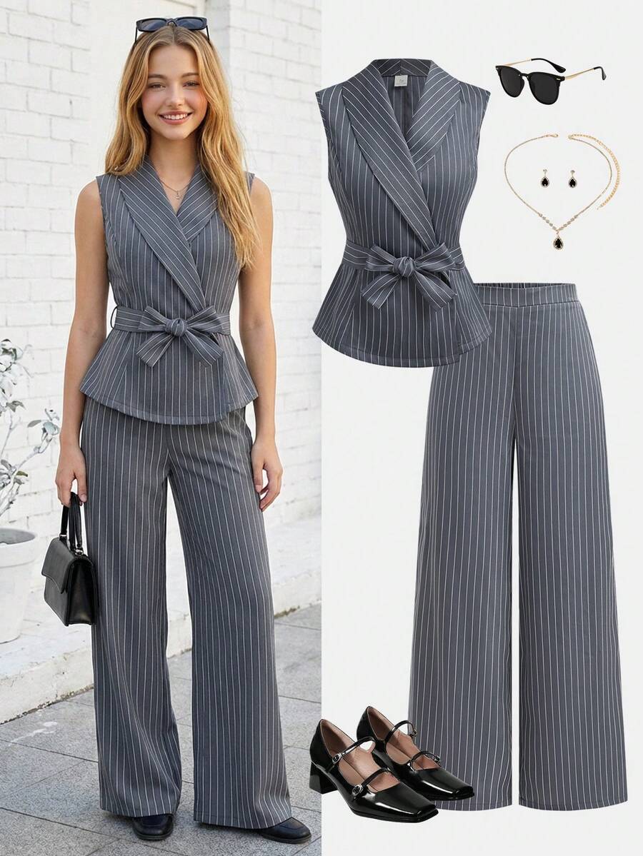 SHEIN Girlism Bộ đồ 2 mảnh dành cho nữ tuổi teen, áo blazer không tay cổ ve màu xám đậm kẻ sọc và quần dài, thích hợp cho các dịp trang trọng mùa hè, thanh lịch, tiệc tùng, hẹn hò, họp mặt gia đình quan trọng. - Màu xám đen - Xem 1