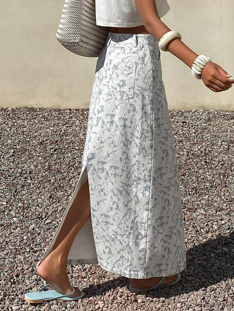 Full Floral Print Straight Skirt With Side Slit, Elegant Casual Summer Dress For Women