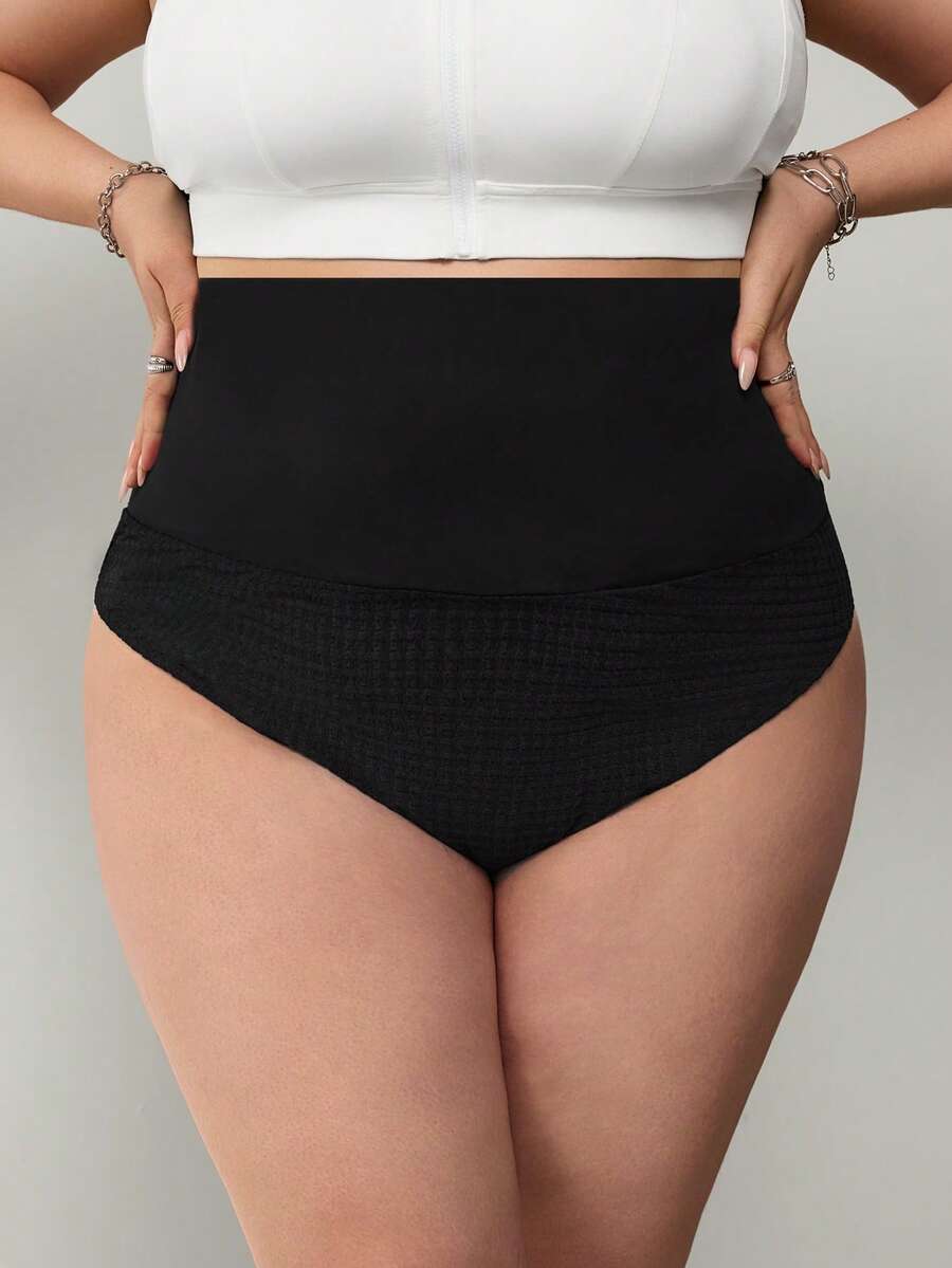 SHEIN CURVE+ 大码女式高腰弹力塑身打底裤 - 黑色 - 查看 1