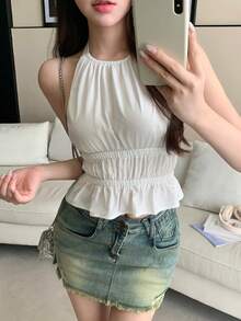 K-Vae New Arrival Spaghetti Strap Ruffle Cold Shoulder Cropped Top,Summer Top - White - View 5
