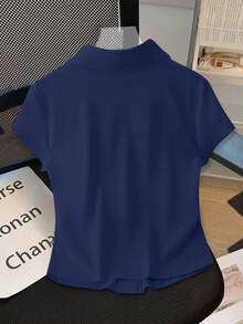 GlowEve Casual Solid Color Button Front T-Shirt, Summer Everyday Navy Blue - Royal Blue - View 2