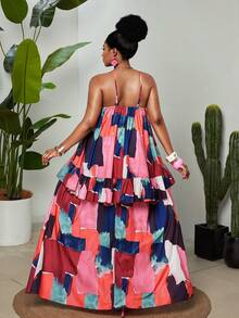 Maweii Plus Size Women's Summer Romantic Floral Print Chiffon Slip Dress With Layered Ruffle Hem, Vacation Style Gym Brown - Multicolor - View 5