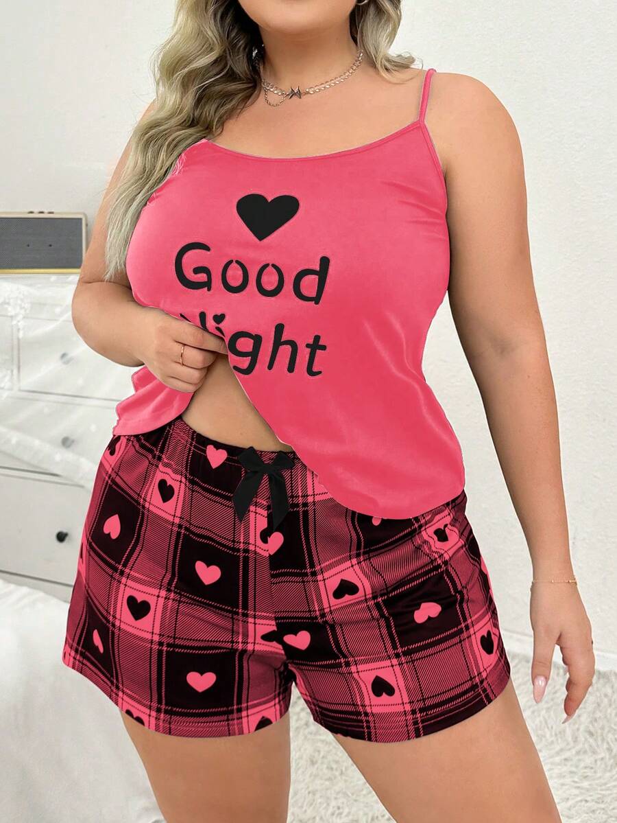 Heart Plaid Print Camisole & Shorts Pajama Set - Hot Pink - View 1