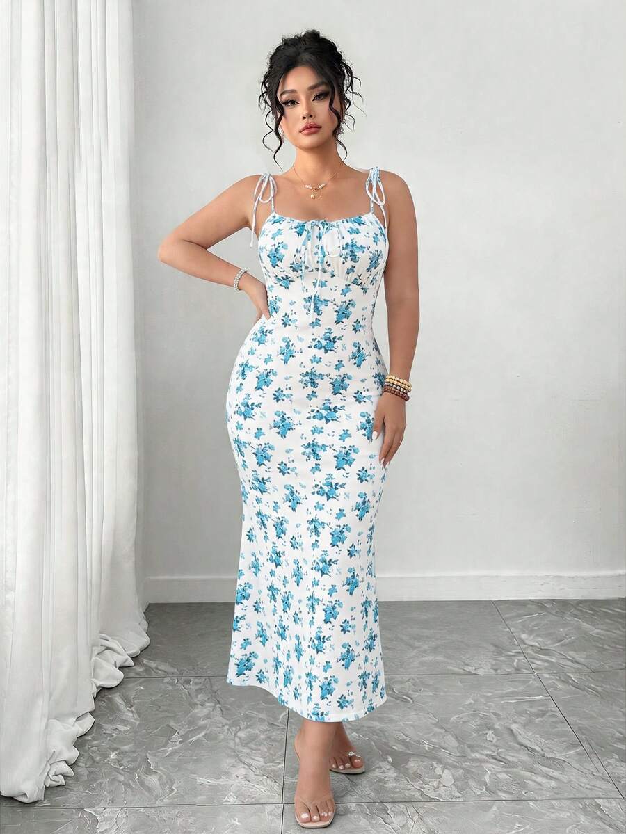 SHEIN Tall CURVE Plus Size Women's Ditsy Floral Spaghetti Strap Dress, Romantic, Elegant, Versatile For Spring/Summer Dates - Multicolor - View 1