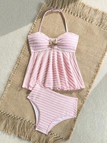 Conjunto de traje de baño de niña preadolescente con cuello de halter, textura de rayas y color rosa - Rosa - Ver 3